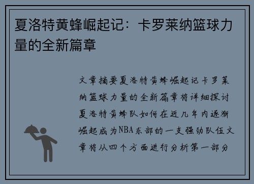 夏洛特黄蜂崛起记：卡罗莱纳篮球力量的全新篇章