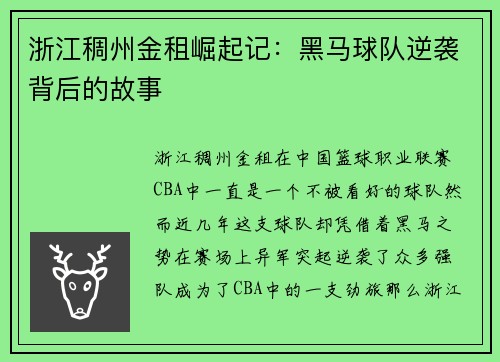浙江稠州金租崛起记：黑马球队逆袭背后的故事