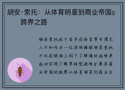 胡安·索托：从体育明星到商业帝国的跨界之路