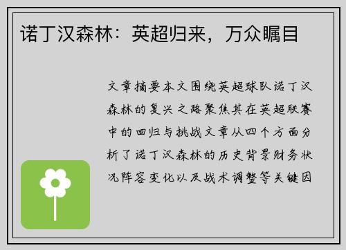 诺丁汉森林:英超归来,万众瞩目 诺丁汉森林:英超归来,万众瞩目